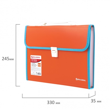 Портфель пластиковый BRAUBERG Joy, А4 (330х245х35 мм), 13 отделений, с окантовкой, индексные ярлыки, оранжевый, 227975 - фото 7