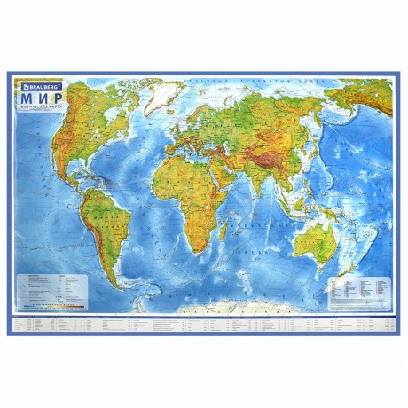 112379, Карта мира физическая 120х78 см, 1:25М, с ламинацией, интерактивная, европодвес, BRAUBERG, 112379 - фото 1