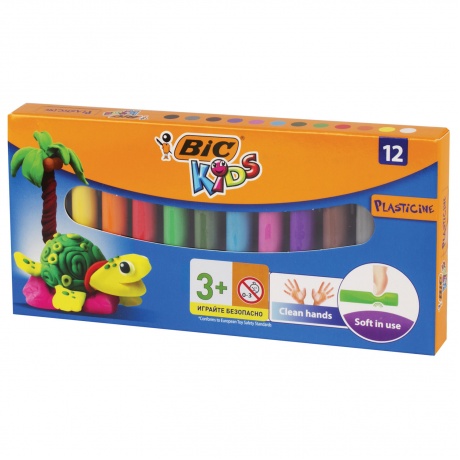 Пластилин мягкий BIC Kids, 12 цветов, 120 г, картонная упаковка, 947713, (3 шт.) - фото 1