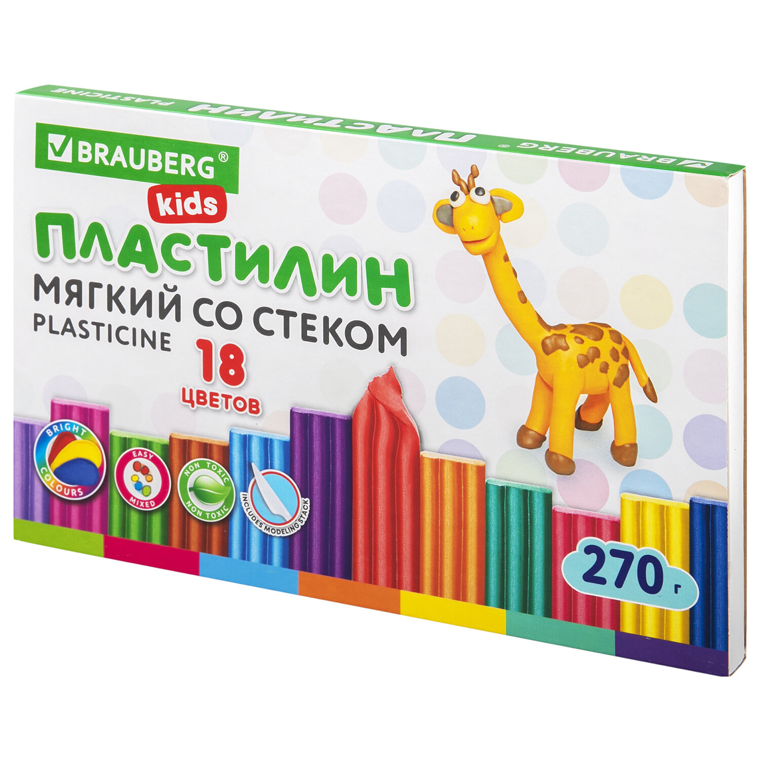 106497, Пластилин мягкий восковой BRAUBERG KIDS, 18 цветов, 270 г, со стеком, 106497