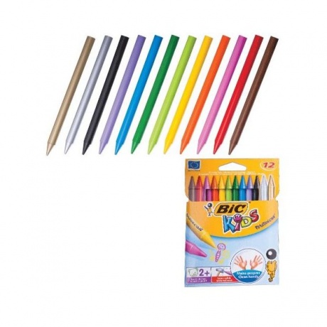 Мелки пластиковые BIC Plastidecor, 12 цветов, ультрапрочные, круглые, картонная упаковка, подвес, 945764 - фото 1