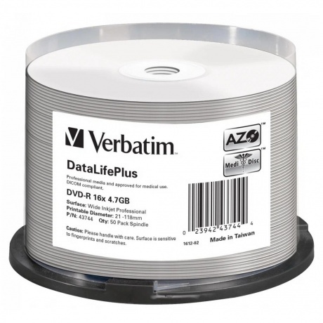 

Диск DVD-R Verbatim 4.7Gb 16x Cake Box (50шт) Printable (43744)