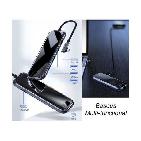 USB-концентратор Baseus Multi-functional Type-C to 3xUSB 3.0 / HD4K / RJ45 P D Deep Gray CAHUB-DZ0G - фото 15