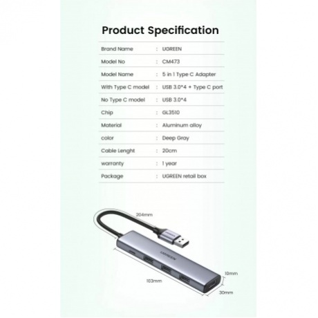 Хаб UGREEN USB концентратор (хаб) USB 3.0 to 4хUSB 3.0 Hub, цвет серый космос (20805) - фото 12