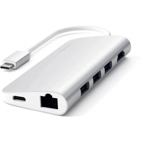 USB адаптер Satechi Aluminum Multi-Port Adapter 4K with Ethernet. Интерфейс USB-C. Порты: USB Type-C, 3хUSB 3.0, 4K HDMI, Ethernet RJ-45, SD / micro-SD . Цвет серебряный. - фото 1
