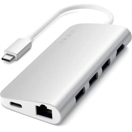 USB адаптер Satechi Aluminum Multi-Port Adapter 4K with Ethernet. Интерфейс USB-C. Порты: USB Type-C, 3хUSB 3.0, 4K HDMI, Ethernet RJ-45, SD / micro-SD . Цвет серебряный. - фото 2