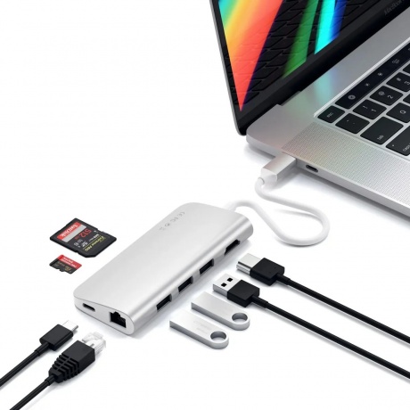 USB адаптер Satechi Aluminum Multi-Port Adapter 4K with Ethernet. Интерфейс USB-C. Порты: USB Type-C, 3хUSB 3.0, 4K HDMI, Ethernet RJ-45, SD / micro-SD . Цвет серебряный. - фото 7