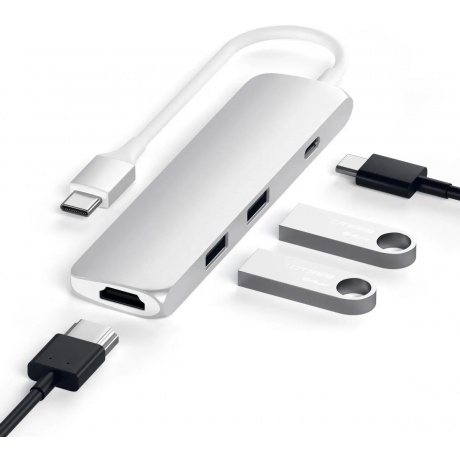 USB адаптер Satechi Slim Aluminum Type-C Multi-Port Adapter with Type-C Charging Port. Интерфейс USB-C. Порты USB Type-C, 2хUSB 3.0, 4K HDMI. Цвет серебряный. - фото 2