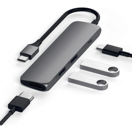 USB адаптер Satechi Slim Aluminum Type-C Multi-Port Adapter with Type-C Charging Port. Интерфейс USB-C. Порты USB Type-C, 2хUSB 3.0, 4K HDMI. Цвет серый космос. - фото 2
