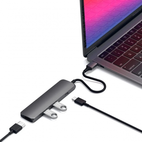 USB адаптер Satechi Slim Aluminum Type-C Multi-Port Adapter with Type-C Charging Port. Интерфейс USB-C. Порты USB Type-C, 2хUSB 3.0, 4K HDMI. Цвет серый космос. - фото 5