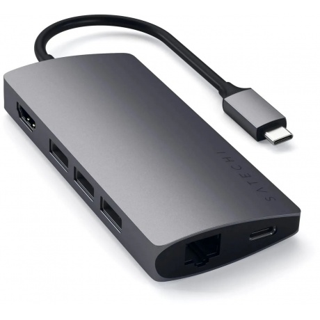 USB-концентратор Satechi Aluminum Multi-Port Adapter V2. Интерфейс USB-C. 3 порта USB 3.0, 1 порт 4K HDMI,  1 порт Ethernet RJ-45, SD/micro-SD кардридер. Цвет серый космос. - фото 2