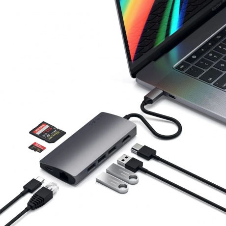 USB-концентратор Satechi Aluminum Multi-Port Adapter V2. Интерфейс USB-C. 3 порта USB 3.0, 1 порт 4K HDMI,  1 порт Ethernet RJ-45, SD/micro-SD кардридер. Цвет серый космос. - фото 3