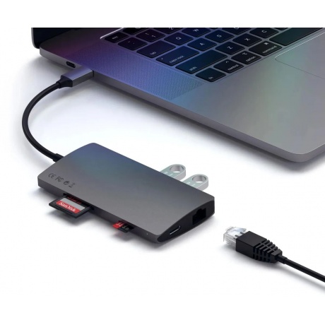 USB-концентратор Satechi Aluminum Multi-Port Adapter V2. Интерфейс USB-C. 3 порта USB 3.0, 1 порт 4K HDMI,  1 порт Ethernet RJ-45, SD/micro-SD кардридер. Цвет серый космос. - фото 4