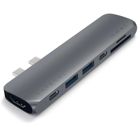 USB-хаб Satechi Aluminum Pro Hub для Macbook Pro (USB-C). Порты: HDMI, Thunderbolt 3, USB Type-C, SD, microSD, 2 x USB 3.0. Цвет серый космос. - фото 1