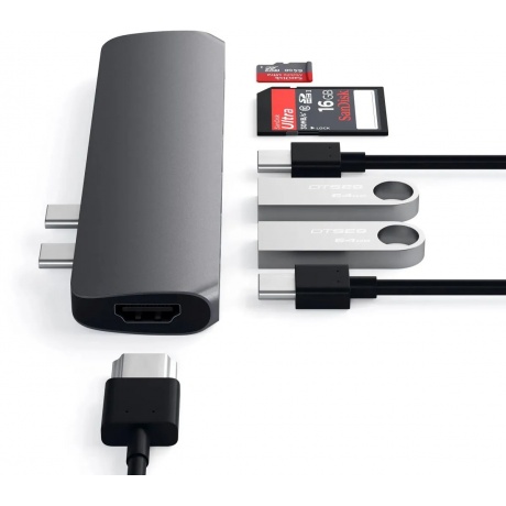 USB-хаб Satechi Aluminum Pro Hub для Macbook Pro (USB-C). Порты: HDMI, Thunderbolt 3, USB Type-C, SD, microSD, 2 x USB 3.0. Цвет серый космос. - фото 2