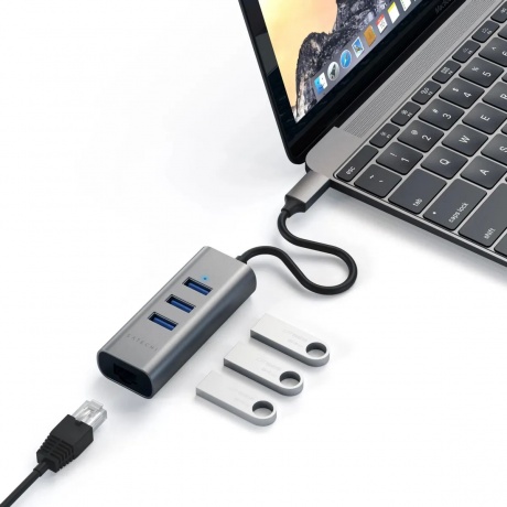 USB-хаб Satechi Type-C 2-in-1 USB 3.0 Aluminum 3 Port Hub and Ethernet Port. Интерфейс Type-C. Цвет серый космос. - фото 5