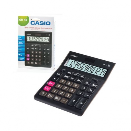 Калькулятор настольный CASIO GR-14-W (209х155 мм), 14 разрядов, двойное питание, черный, европодвес - фото 1
