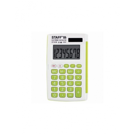 Калькулятор карманный STAFF STF-6238 (104х63мм), 8 раз.,дв.питание,БЕЛЫЙ С ЗЕЛЁНЫМИ КНОПКАМИ,блистер - фото 1