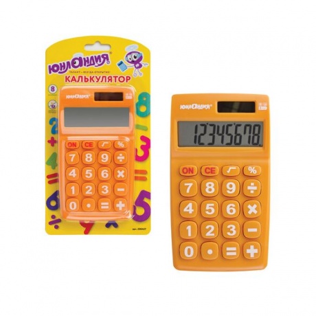 Калькулятор карманный ЮНЛАНДИЯ (135х77 мм) 8 разрядов, двойное питание, ОРАНЖЕВЫЙ, блистер, 250457 - фото 2