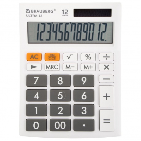 Калькулятор настольный Brauberg ULTRA-12-WT (192x143 мм), 12 разрядов, двойное питание, БЕЛЫЙ, 250496 - фото 1