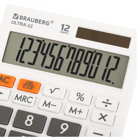 Калькулятор настольный Brauberg ULTRA-12-WT (192x143 мм), 12 разрядов, двойное питание, БЕЛЫЙ, 250496 - фото 2