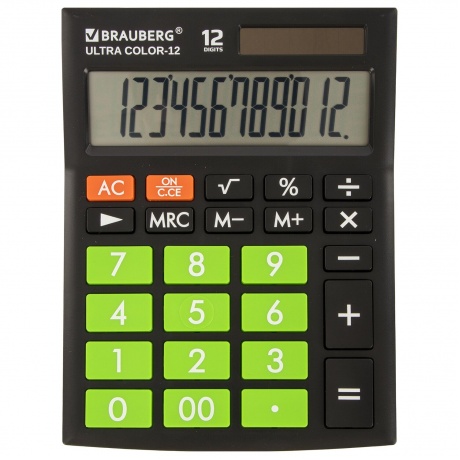 Калькулятор настольный Brauberg ULTRA COLOR-12-BKLG (192x143 мм), 12 разрядов, двойное питание, ЧЕРНО-САЛАТОВЫЙ, 250498 - фото 1
