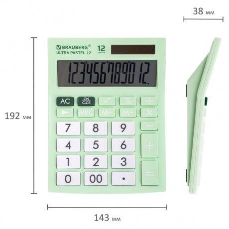 Калькулятор настольный Brauberg ULTRA PASTEL-12-LG (192x143 мм), 12 разрядов, двойное питание, МЯТНЫЙ, 250504 - фото 13