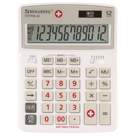 Калькулятор настольный Brauberg EXTRA-12-WAB (206x155 мм),12 разрядов, двойное питание, антибактериальное покрытие, БЕЛЫЙ, 250490 - фото 1