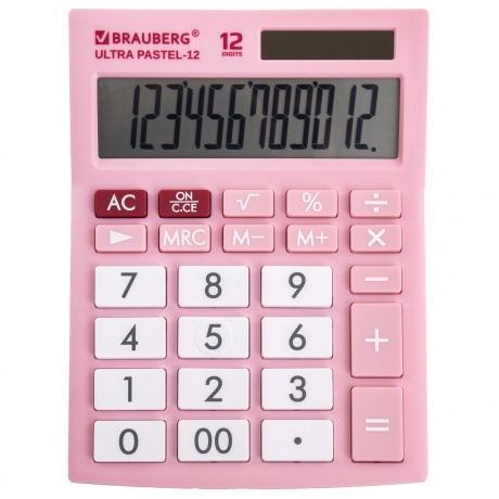 Калькулятор настольный Brauberg ULTRA PASTEL-12-PK (192x143 мм), 12 разрядов, двойное питание, РОЗОВЫЙ, 250503 - фото 1