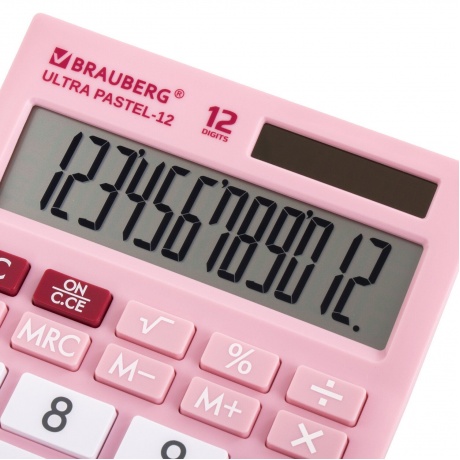 Калькулятор настольный Brauberg ULTRA PASTEL-12-PK (192x143 мм), 12 разрядов, двойное питание, РОЗОВЫЙ, 250503 - фото 4