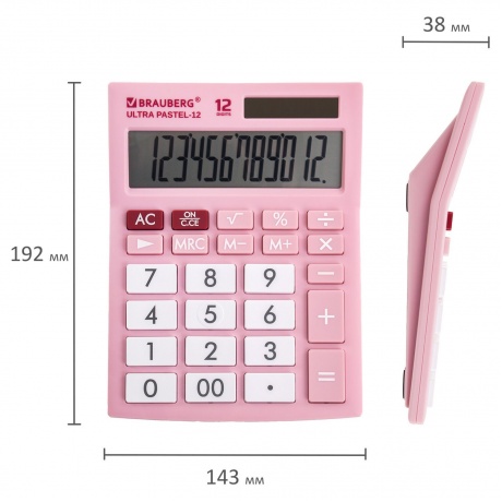 Калькулятор настольный Brauberg ULTRA PASTEL-12-PK (192x143 мм), 12 разрядов, двойное питание, РОЗОВЫЙ, 250503 - фото 5