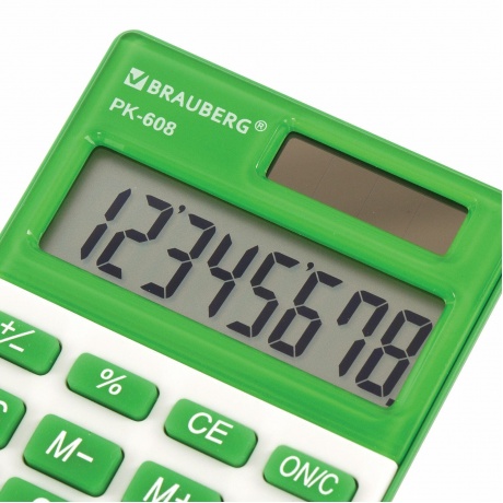 Калькулятор карманный Brauberg PK-608-GN (107x64 мм), 8 разрядов, двойное питание, ЗЕЛЕНЫЙ, 250520 - фото 6
