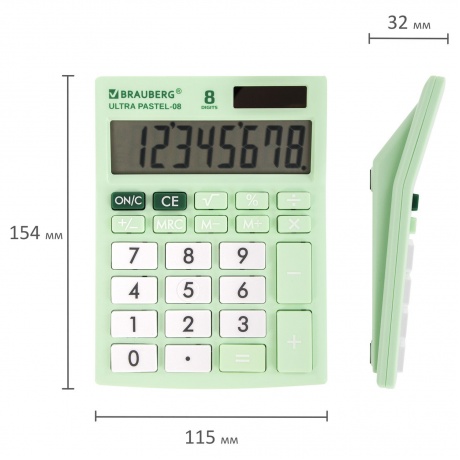 Калькулятор настольный Brauberg ULTRA PASTEL-08-LG, КОМПАКТНЫЙ (154x115 мм), 8 разрядов, двойное питание, МЯТНЫЙ, 250515 - фото 5