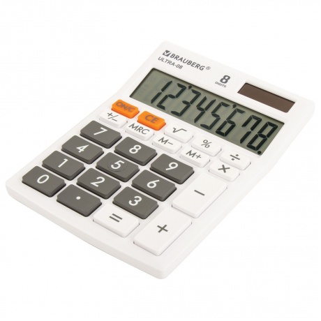 Калькулятор настольный Brauberg ULTRA-08-WT, КОМПАКТНЫЙ (154x115 мм), 8 разрядов, двойное питание, БЕЛЫЙ, 250512 - фото 1