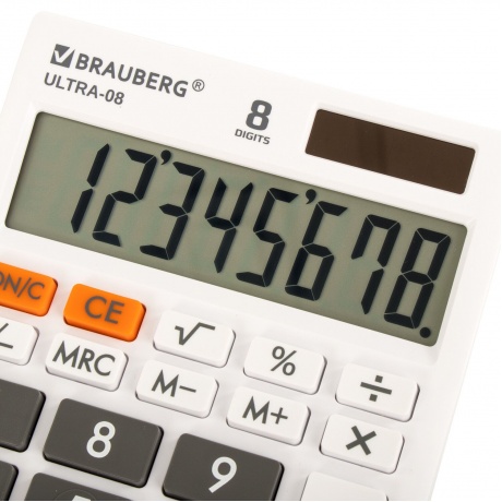 Калькулятор настольный Brauberg ULTRA-08-WT, КОМПАКТНЫЙ (154x115 мм), 8 разрядов, двойное питание, БЕЛЫЙ, 250512 - фото 3