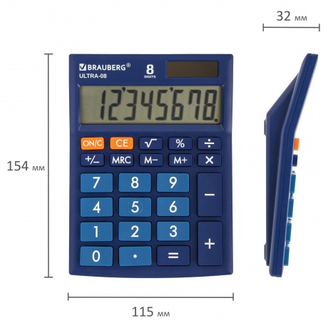 Калькулятор настольный Brauberg ULTRA-08-BU, КОМПАКТНЫЙ (154x115 мм), 8 разрядов, двойное питание, СИНИЙ, 250508 - фото 10
