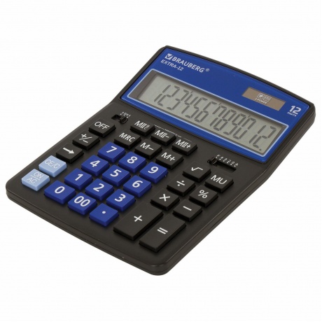 Калькулятор настольный Brauberg EXTRA-12-BKBU (206x155 мм), 12 разрядов, двойное питание, ЧЕРНО-СИНИЙ, 250472 - фото 1