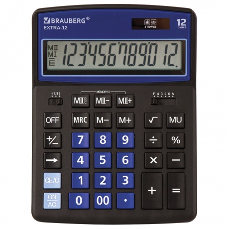 Калькулятор настольный Brauberg EXTRA-12-BKBU (206x155 мм), 12 разрядов, двойное питание, ЧЕРНО-СИНИЙ, 250472 - фото 3
