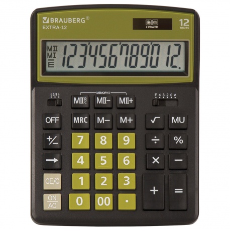 Калькулятор настольный Brauberg EXTRA-12-BKOL (206x155 мм), 12 разрядов, двойное питание, ЧЕРНО-ОЛИВКОВЫЙ, 250471 - фото 2