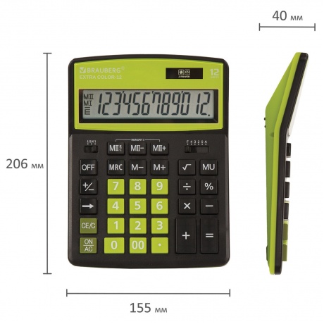 Калькулятор настольный Brauberg EXTRA COLOR-12-BKLG (206x155 мм), 12 разрядов, двойное питание, ЧЕРНО-САЛАТОВЫЙ, 250477 - фото 3