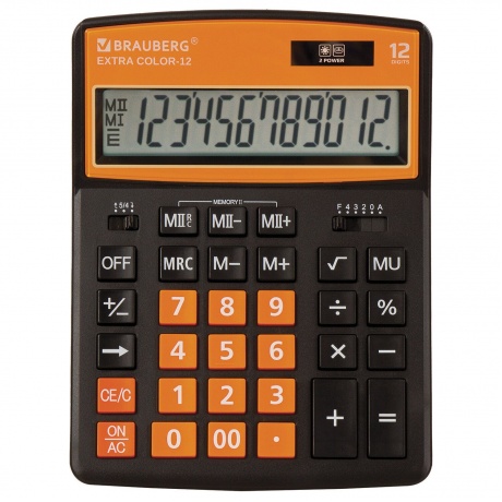 Калькулятор настольный Brauberg EXTRA COLOR-12-BKRG (206x155 мм), 12 разрядов, двойное питание, ЧЕРНО-ОРАНЖЕВЫЙ, 250478 - фото 3