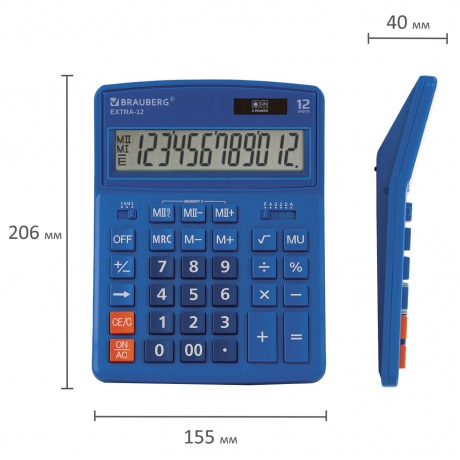 Калькулятор настольный Brauberg EXTRA-12-BU (206x155 мм), 12 разрядов, двойное питание, СИНИЙ, 250482 - фото 6