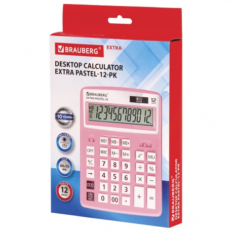 Калькулятор настольный Brauberg EXTRA PASTEL-12-PK (206x155 мм), 12 разрядов, двойное питание, РОЗОВЫЙ, 250487 - фото 8