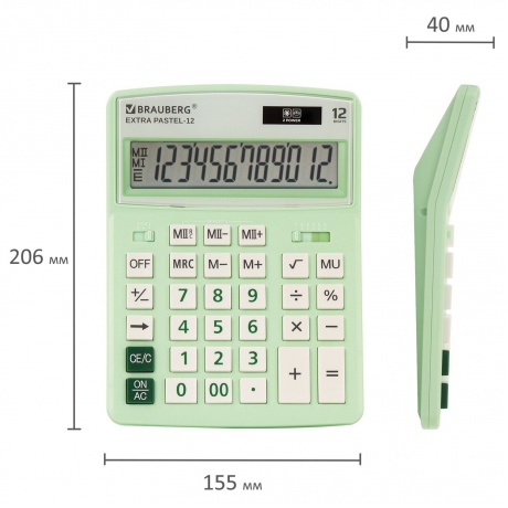 Калькулятор настольный Brauberg EXTRA PASTEL-12-LG (206x155 мм), 12 разрядов, двойное питание, МЯТНЫЙ, 250488 - фото 4