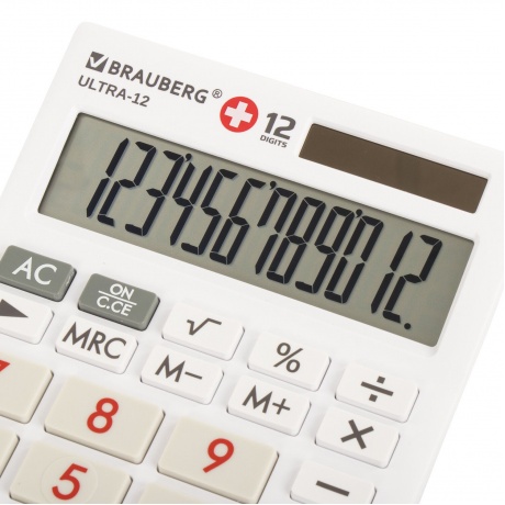 Калькулятор настольный Brauberg ULTRA-12-WAB (192x143 мм), 12 разрядов, двойное питание, антибактериальное покрытие, БЕЛЫЙ, 250506 - фото 3
