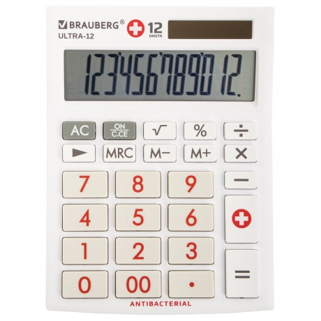 Калькулятор настольный Brauberg ULTRA-12-WAB (192x143 мм), 12 разрядов, двойное питание, антибактериальное покрытие, БЕЛЫЙ, 250506 - фото 6