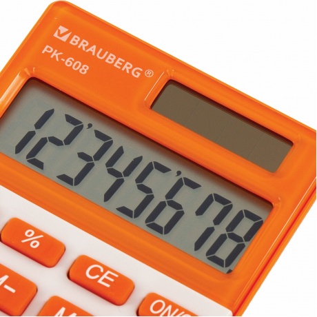 Калькулятор карманный Brauberg PK-608-RG (107x64 мм), 8 разрядов, двойное питание, ОРАНЖЕВЫЙ, 250522 - фото 3