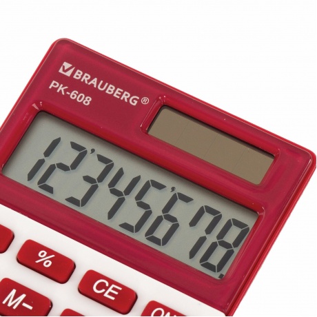 Калькулятор карманный Brauberg PK-608-WR (107x64 мм), 8 разрядов, двойное питание, БОРДОВЫЙ, 250521 - фото 13