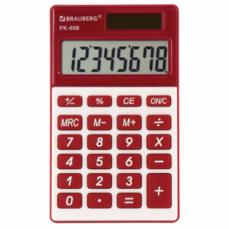Калькулятор карманный Brauberg PK-608-WR (107x64 мм), 8 разрядов, двойное питание, БОРДОВЫЙ, 250521 - фото 4