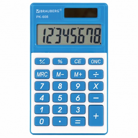 Калькулятор карманный Brauberg PK-608-BU (107x64 мм), 8 разрядов, двойное питание, СИНИЙ, 250519 - фото 6